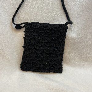 Slim Beaded‎ Mesh Shoulder Bag in Black Long Braided Strap Zipper Closure Bling